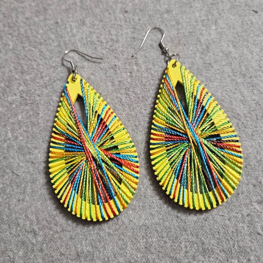 Handmade Bright Yellow Teardrop Multicolored Threaded Earrings – Statement Piece